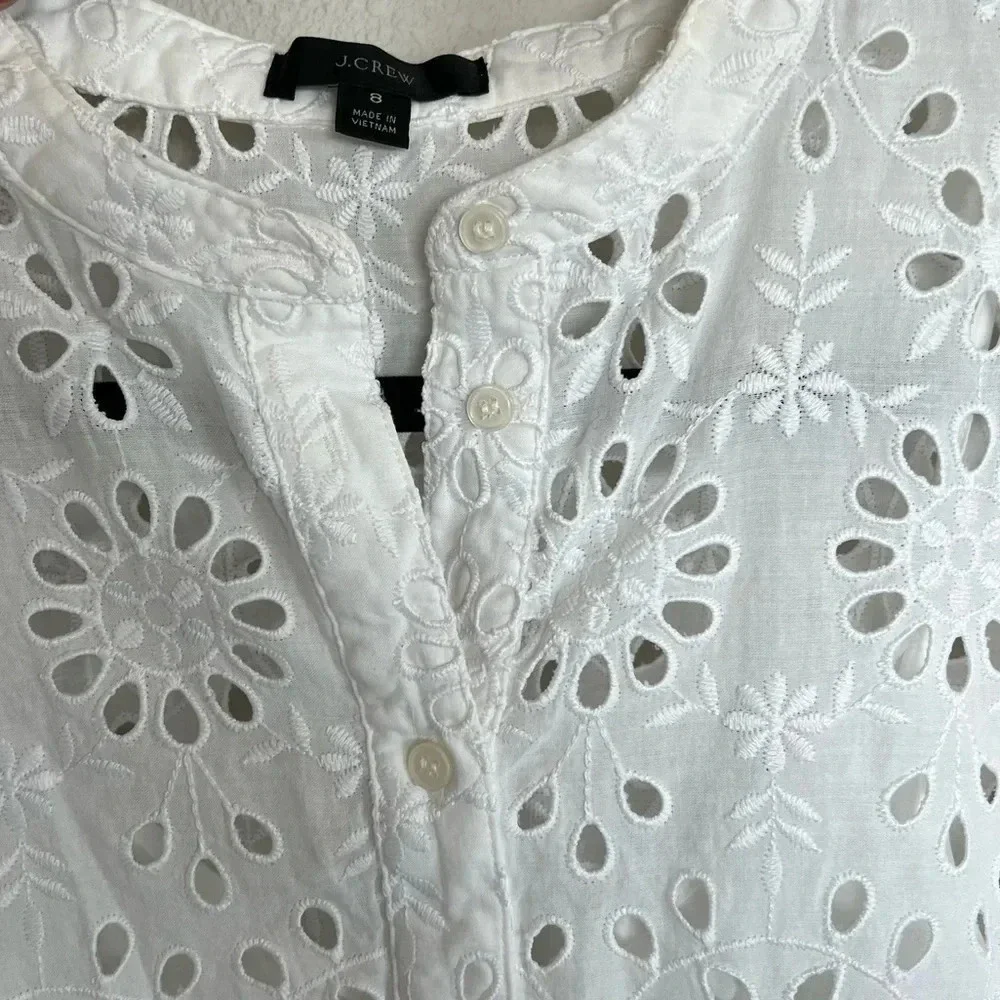 J. CREW Tiered Skirt Pop Over Shirt Dress White Eyelet Casual Women’s 8